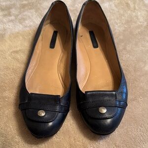 Longchamp Black Leather Women's Loafers with Gold Button Detail